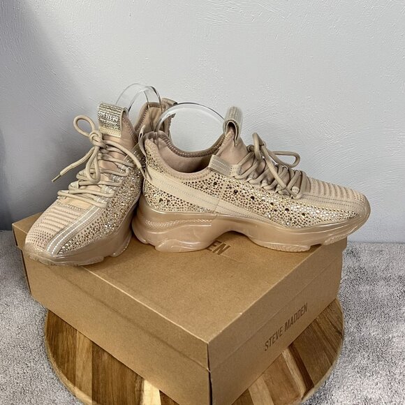 Steve Madden NYC Sneakers Women's  SZ 9.5 Beige Maxima Rhinestone Shoes - Picture 4 of 15